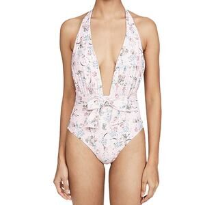 WEWOREWHAT Floral One Piece Brooklyn Halter Tie Belt Swimsuit Pink Blue XL NWT
